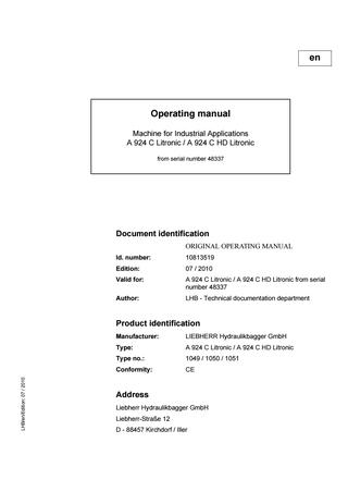 download LIEBHERR A924 Litronic A924 HD Litronic Hydraulic Excavator Operation able workshop manual